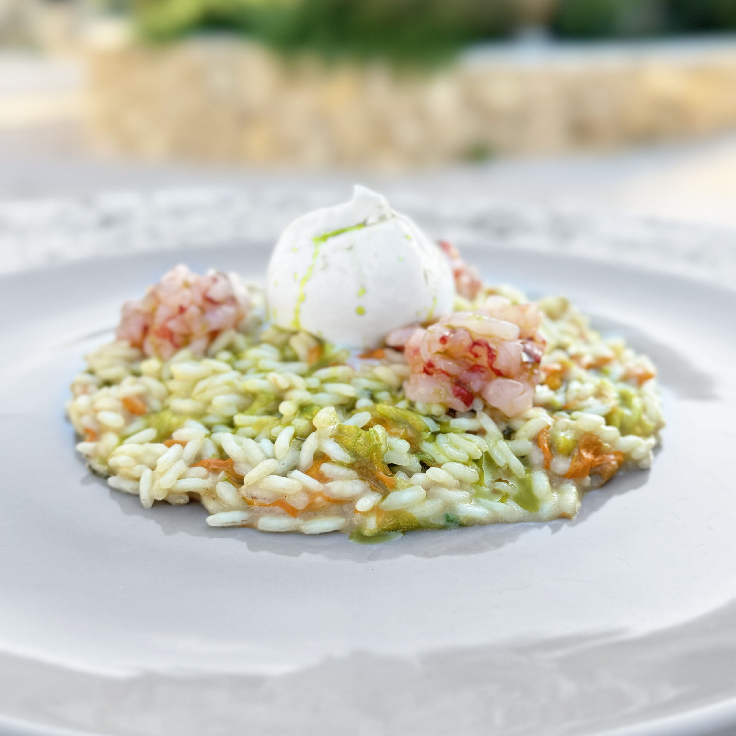 Risotto with courgette flowers, red prawn and burrata